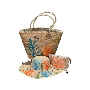 Coral Hand Painted Beach Bag with Matching Hat & Makeup Bag !